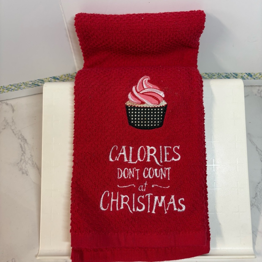 'Calories Don't Count at Christmas' Red Embroidered Kitchen Towel, NWOT